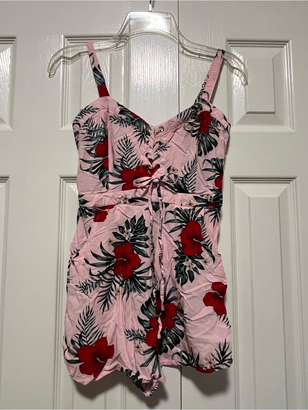 Pink Floral Tie-Front Romper with Red Hibiscus Print